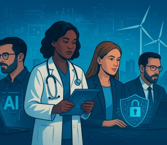 futuristic workplace collage showing professionals in AI, healthcare, cybersecurity, and renewable energy