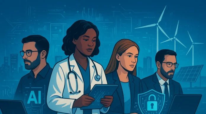 futuristic workplace collage showing professionals in AI, healthcare, cybersecurity, and renewable energy