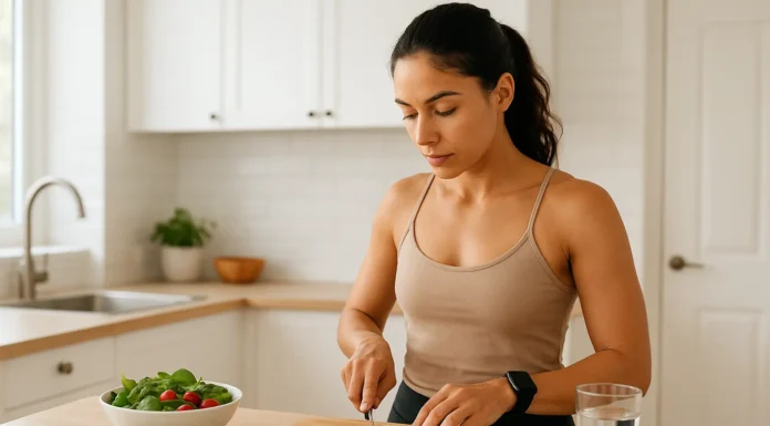 A woman chops a cucumber and assembles a salad in a sunlit, modern kitchen, reinforcing healthy eating for sustainable fat loss.
