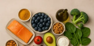 assortment of natural anti-inflammatory foods displayed in a modern style