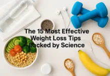 Image of healthy foods, fitness tools, and wellness elements symbolizing science-based weight loss tips.