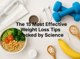 Image of healthy foods, fitness tools, and wellness elements symbolizing science-based weight loss tips.