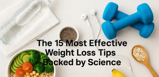 Image of healthy foods, fitness tools, and wellness elements symbolizing science-based weight loss tips.