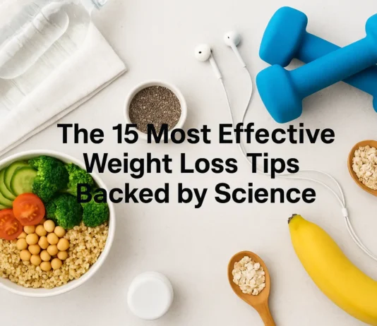 Image of healthy foods, fitness tools, and wellness elements symbolizing science-based weight loss tips.