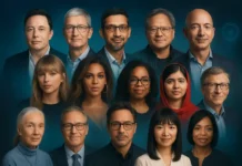 A collage of global leaders from tech, culture, science, and philanthropy.