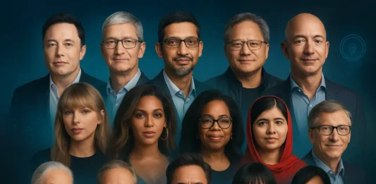 A collage of global leaders from tech, culture, science, and philanthropy.