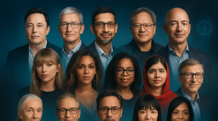 A collage of global leaders from tech, culture, science, and philanthropy.