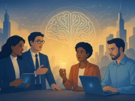 Illustration showing professionals mastering digital, creative, and leadership skills for career success in 2030.