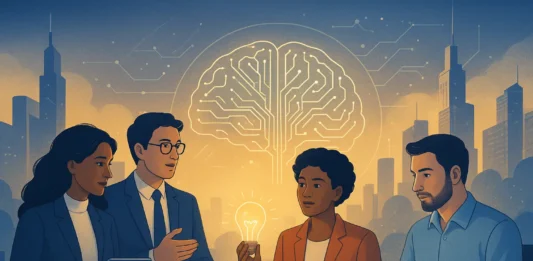 Illustration showing professionals mastering digital, creative, and leadership skills for career success in 2030.