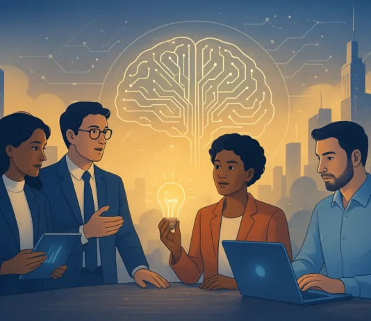 Illustration showing professionals mastering digital, creative, and leadership skills for career success in 2030.