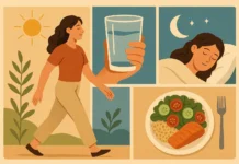Illustration of daily health habits like walking, hydration, sleep, and balanced meals improving long-term wellness.