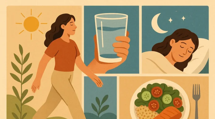 Illustration of daily health habits like walking, hydration, sleep, and balanced meals improving long-term wellness.