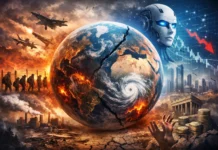 Illustration of planet Earth highlighting global challenges, including climate change, inequality, and technological disruption.