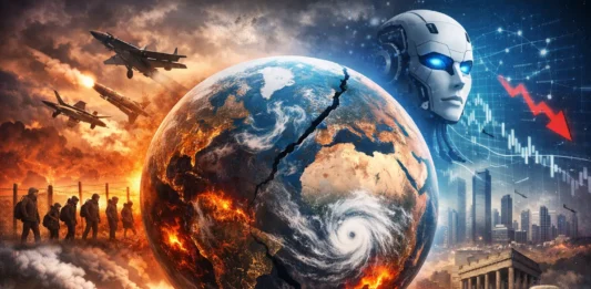 Illustration of planet Earth highlighting global challenges, including climate change, inequality, and technological disruption.