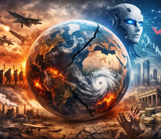 Illustration of planet Earth highlighting global challenges, including climate change, inequality, and technological disruption.