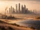 The Middle East skyline highlights urban growth, desert climate, and modern infrastructure, symbolizing future regional challenges.