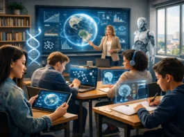 Students using digital technology in a modern classroom represent the future of education in a changing world.