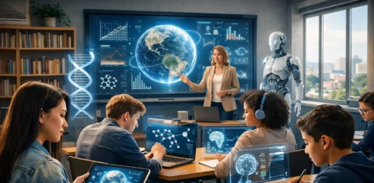 Students using digital technology in a modern classroom represent the future of education in a changing world.