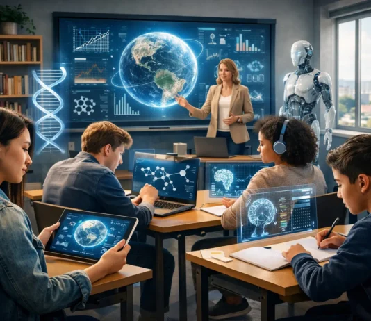 Students using digital technology in a modern classroom represent the future of education in a changing world.