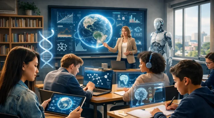 The Future of Education in a Changing World Students using digital technology in a modern classroom represent the future of education in a changing world.