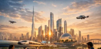 A panoramic view of a futuristic megacity with skyscrapers, smart transport, and urban activity.