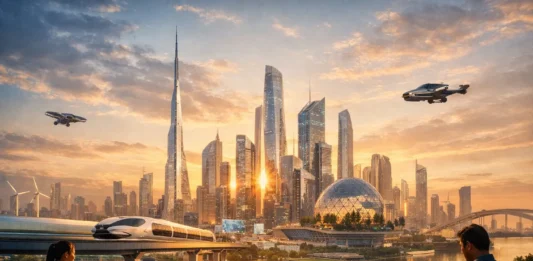 A panoramic view of a futuristic megacity with skyscrapers, smart transport, and urban activity.