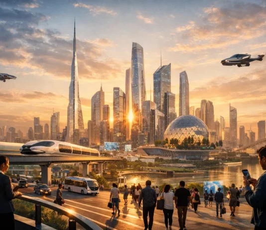 A panoramic view of a futuristic megacity with skyscrapers, smart transport, and urban activity.