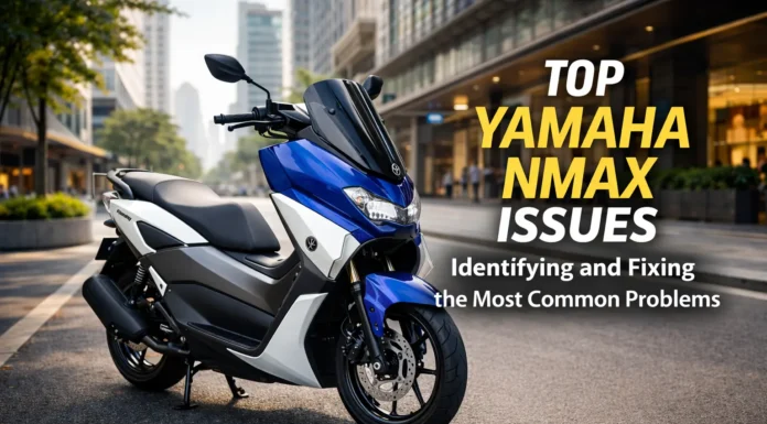 Yamaha NMAX scooter parked in an urban environment, highlighting practical design and common maintenance issues.