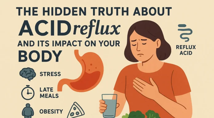 Infographic of acid reflux effects on the body, with lifestyle tips like mindful eating, hydration, and stress management.