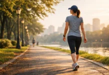 A person walking outdoors for physical and mental wellness.