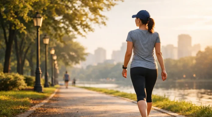 A person walking outdoors for physical and mental wellness.