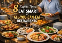 All-you-can-eat restaurant with diverse dishes like seafood, meats, salads, and desserts on serving stations