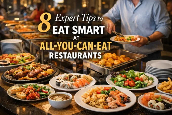 All-you-can-eat restaurant with diverse dishes like seafood, meats, salads, and desserts on serving stations