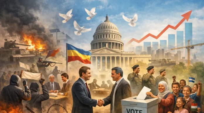 Illustration of nations overcoming political crises, coups, and civil unrest, showcasing pathways to governance recovery and social stability.