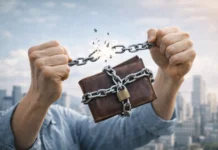 Close-up editorial image of hands breaking a chain around a wallet, symbolizing financial freedom and escaping the paycheck-to-paycheck cycle.