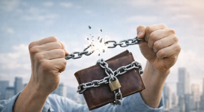 Close-up editorial image of hands breaking a chain around a wallet, symbolizing financial freedom and escaping the paycheck-to-paycheck cycle.