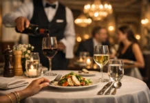 Restaurant diners following proper dining etiquette in a modern restaurant
