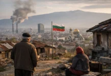 Urban street scene in Bulgaria showing daily life, infrastructure, and economic contrasts