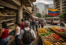 Urban scene in Venezuela showing economic hardship, public services, and everyday life
