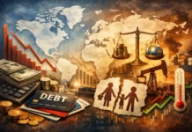 A global map with economic indicators, stock charts, and symbols representing debt, inflation, inequality, and trade