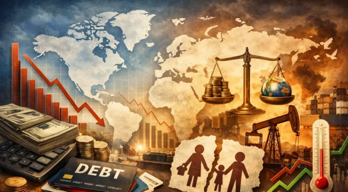 A global map with economic indicators, stock charts, and symbols representing debt, inflation, inequality, and trade