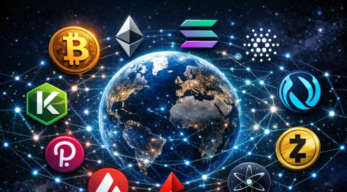Digital visualization of the top 10 cryptocurrencies in 2026, including Bitcoin, Ethereum, Solana, Kaspa, Zcash, Injective, and others, symbolizing global blockchain adoption and innovation.