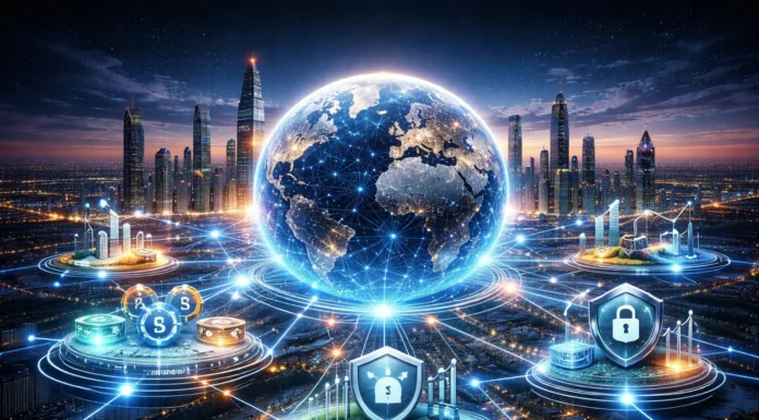 Futuristic illustration showing major cryptocurrency trends shaping the global market after 2026