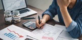 Image showing a person reviewing finances, bills, credit cards, and charts illustrating common money mistakes.