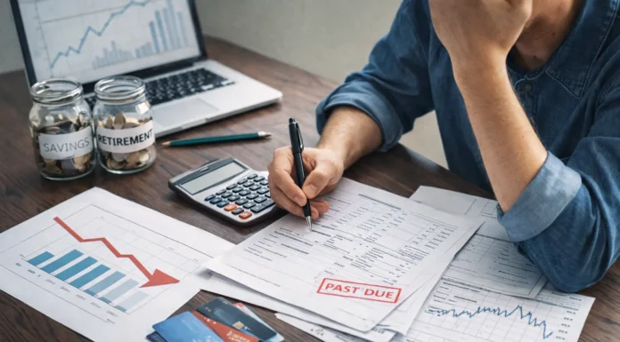 Image showing a person reviewing finances, bills, credit cards, and charts illustrating common money mistakes.