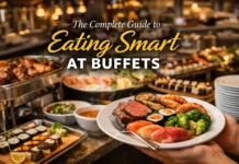 Premium buffet restaurant with seafood, meats, salads, and desserts displayed on serving stations