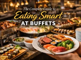 Premium buffet restaurant with seafood, meats, salads, and desserts displayed on serving stations