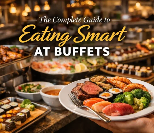 Premium buffet restaurant with seafood, meats, salads, and desserts displayed on serving stations