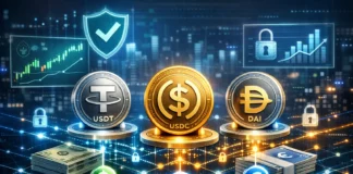 Visual of stablecoins linked to fiat and blockchain networks, representing safety and investment in cryptocurrency.