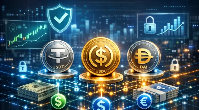 Visual of stablecoins linked to fiat and blockchain networks, representing safety and investment in cryptocurrency.